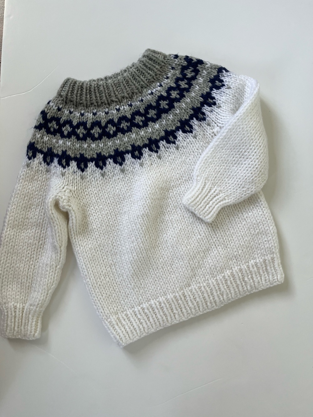 Vintage handknit Kids White Nordic Yoke Sweater with Gray and Navy Accents